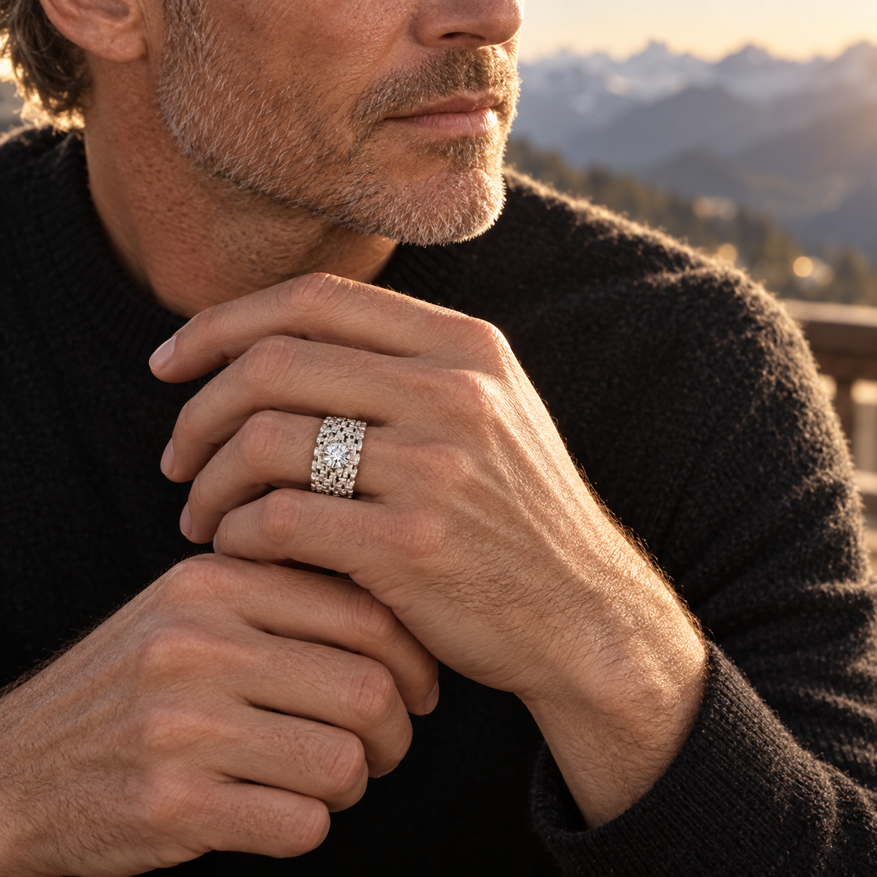 Model wearing the Lesunja Mountain Ring Silver Moissanite