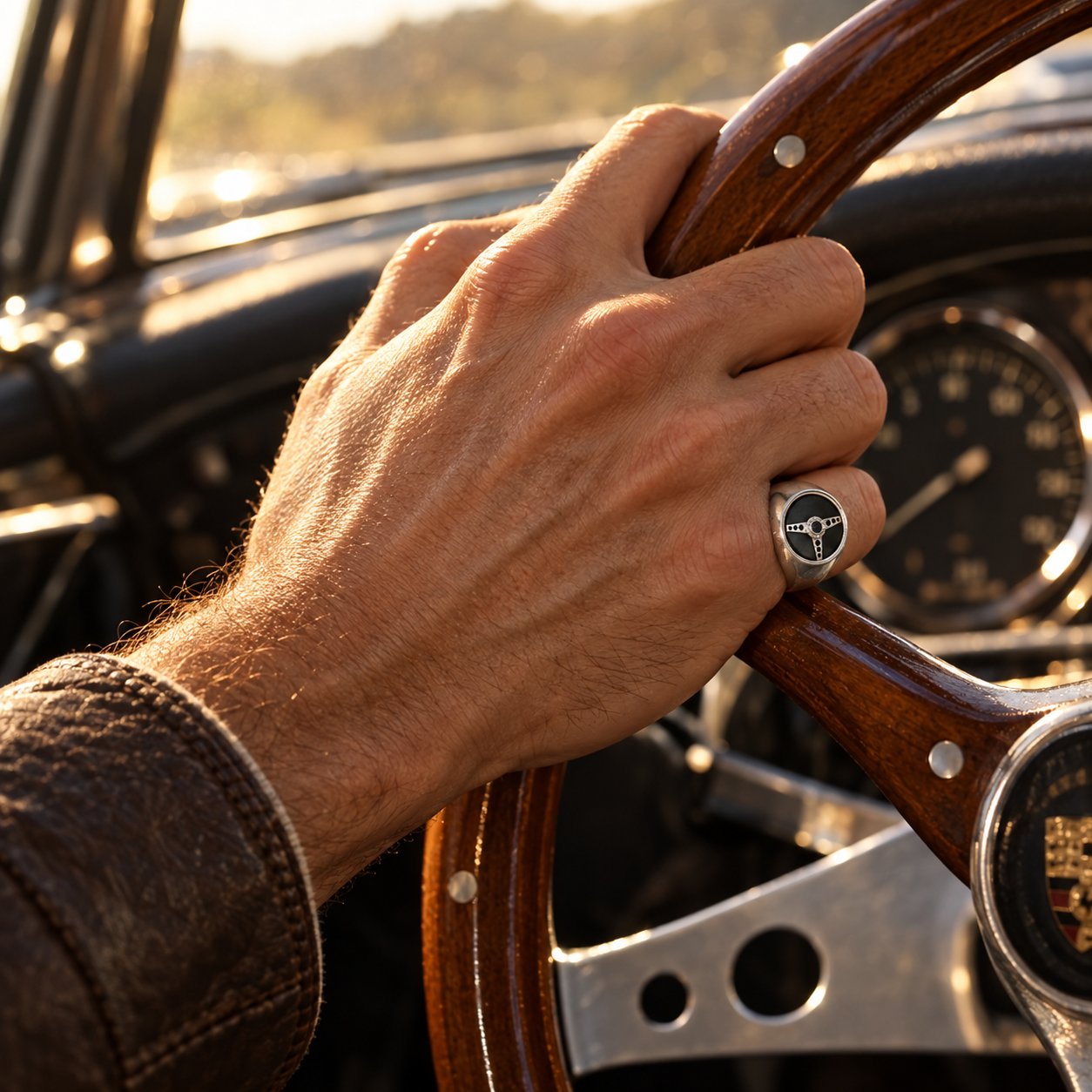 Model wearing the Lesunja Silver Signet Ring Onyx Steering Wheel Design