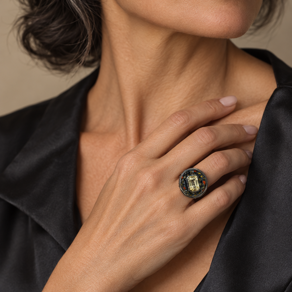 Model wearing the Lesunja Silver Statement Ring