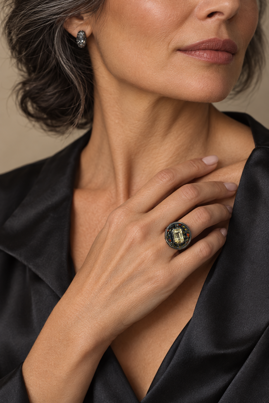 Model wearing the Lesunja Silver Statement Ring