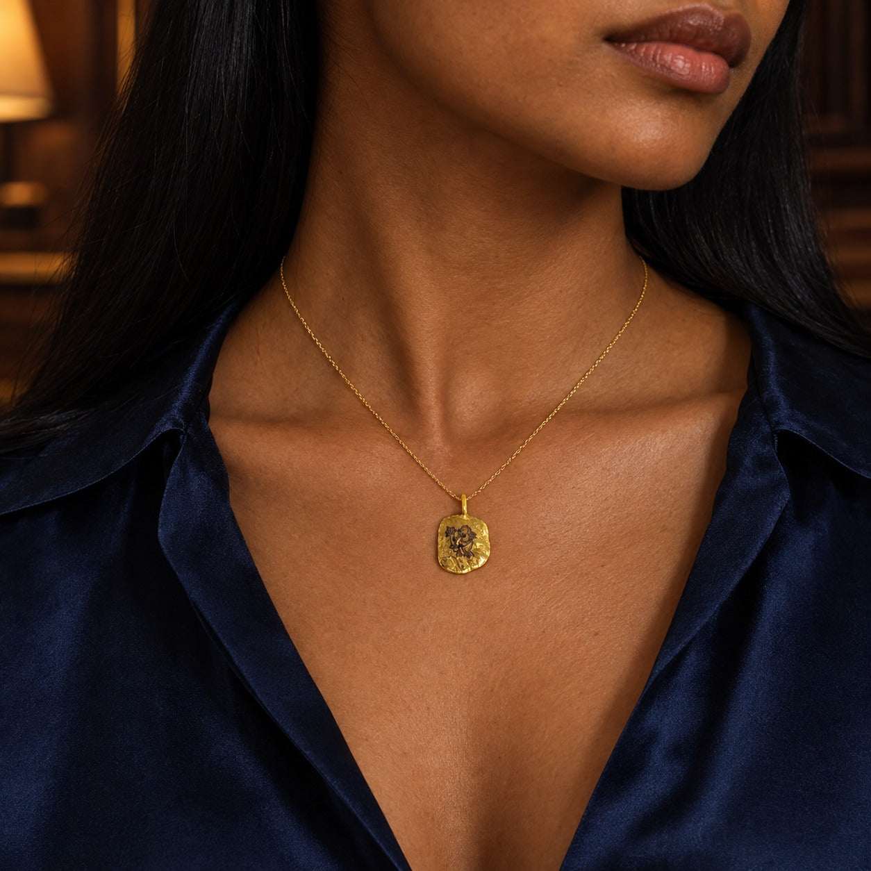 Model wearing the Lesunja Zodiac Pendant Nugget Yellow Gold Virgo by Lesunja Fine Jewellery – AI-generated visualisation