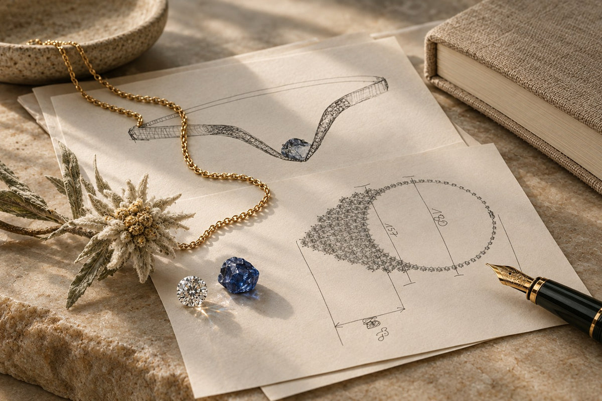 Lesunja Journal - Entwurfszeichnungen mit Goldkette, Diamant und Saphir