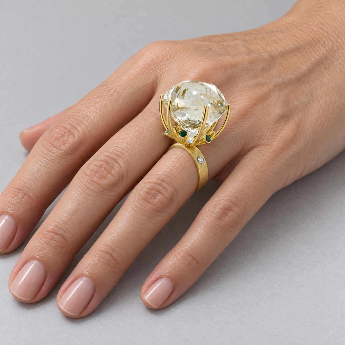 Model wearing the Lesunja Rock Crystal Miracle Of The Seas Yellow Gold Ring