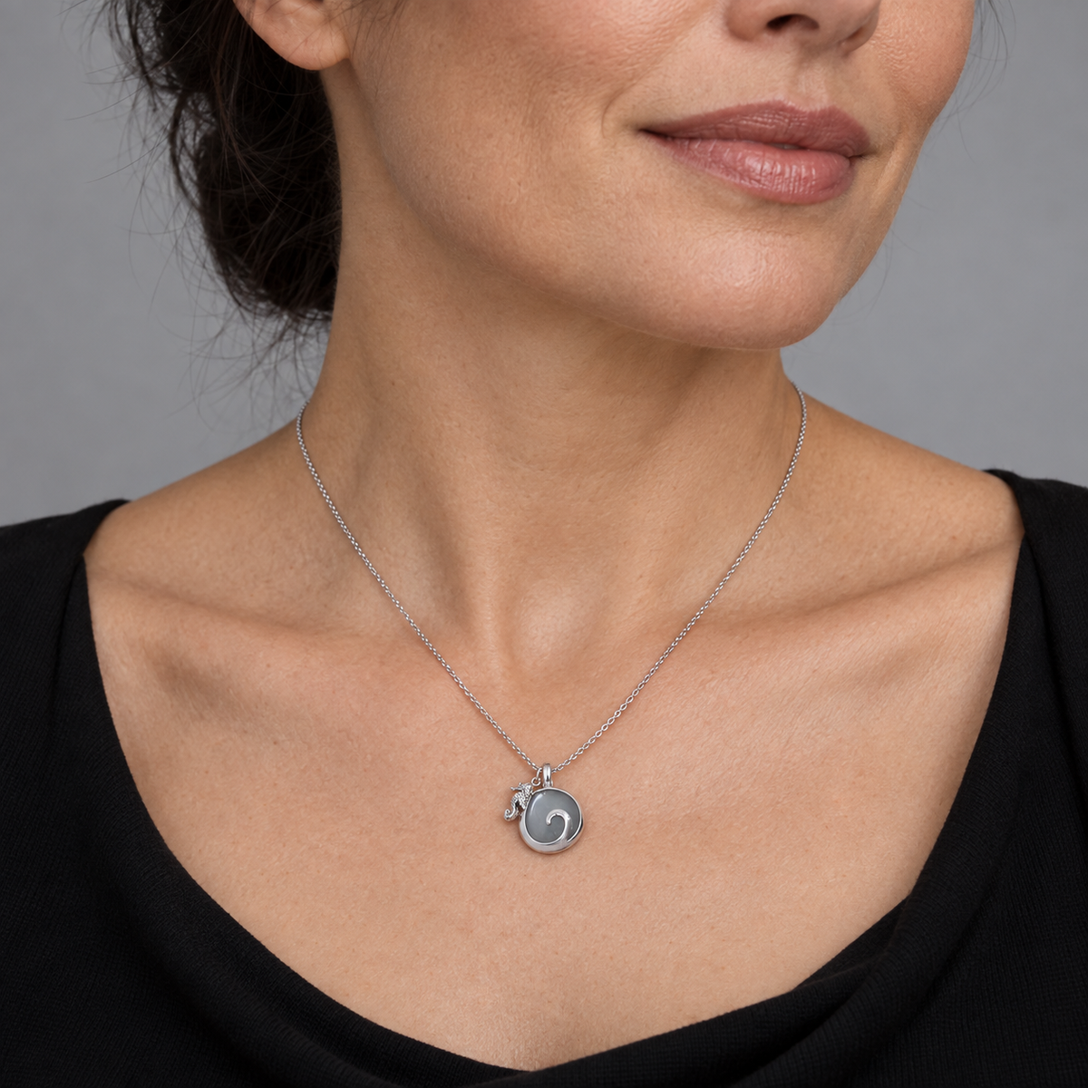 Model wearing the Lesunja Ocean Seahorse Moonstone White Gold Pendant