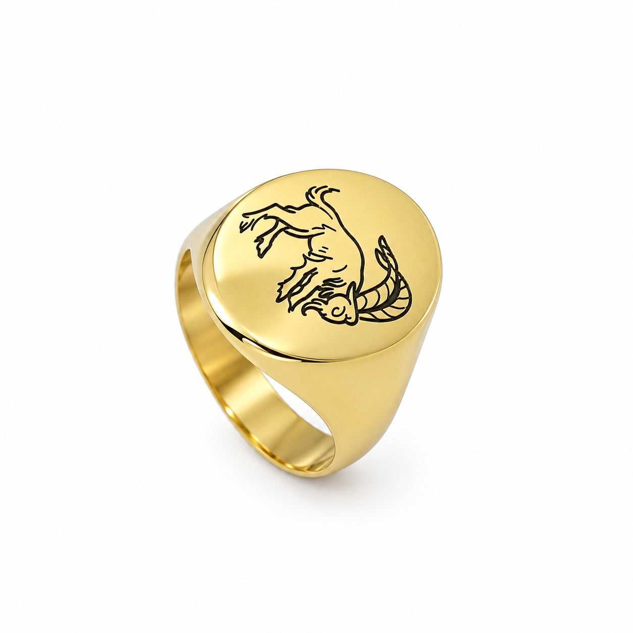 Lesunja Zodiac Capricorn Steel Yellow Gold Plated Ring – studio view on white