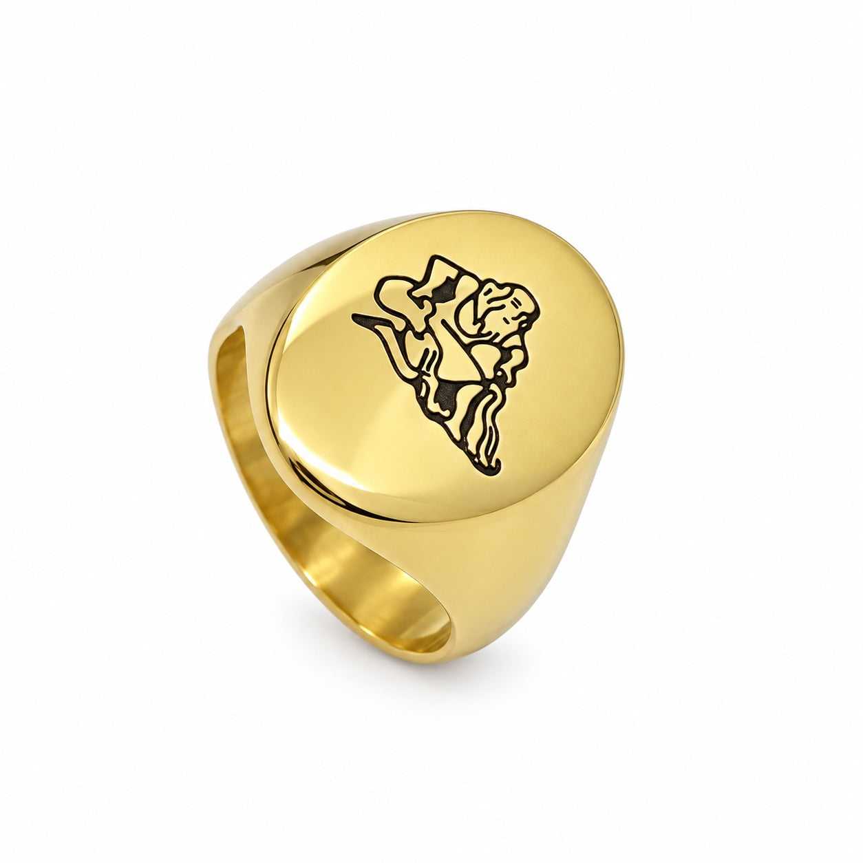 Lesunja Zodiac Steel Aquarius Yellow Gold Plated Ring – studio view on white