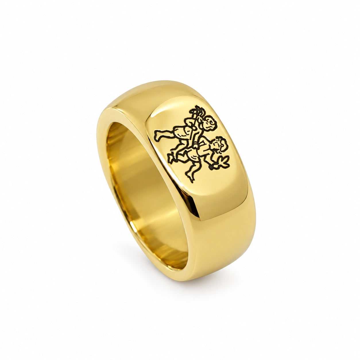 Lesunja Zodiac Steel Gemini Yellow Gold Plated Ring – studio view on white