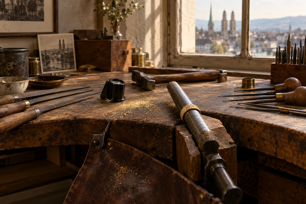 Lesunja goldsmith workbench in Zurich with hand tools and a hammered gold ring