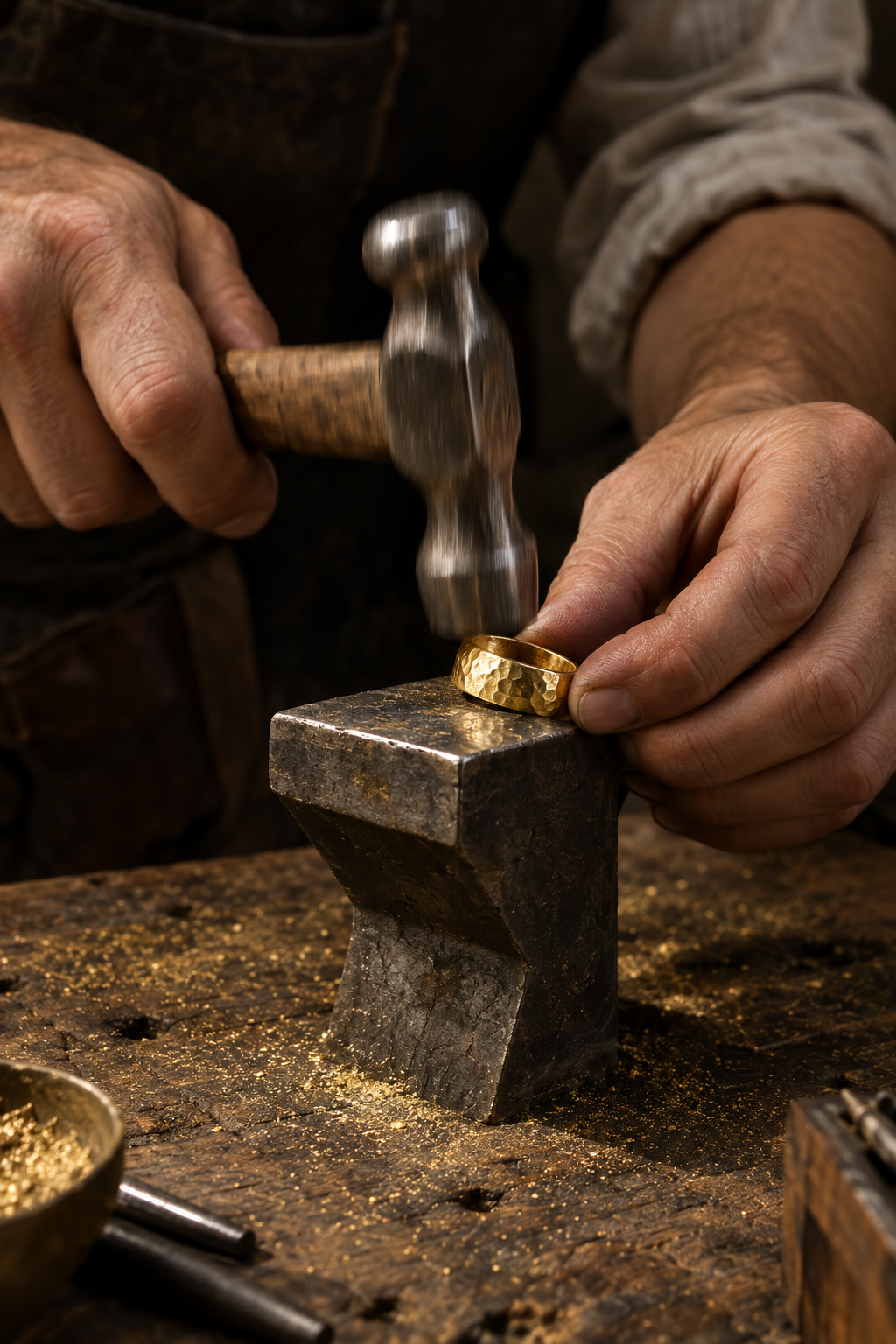 Goldsmith hands hammering a yellow gold ring on a steel anvil