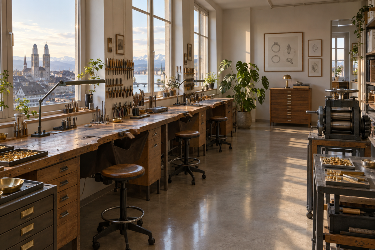 The Lesunja atelier in Zurich with workbenches along tall windows