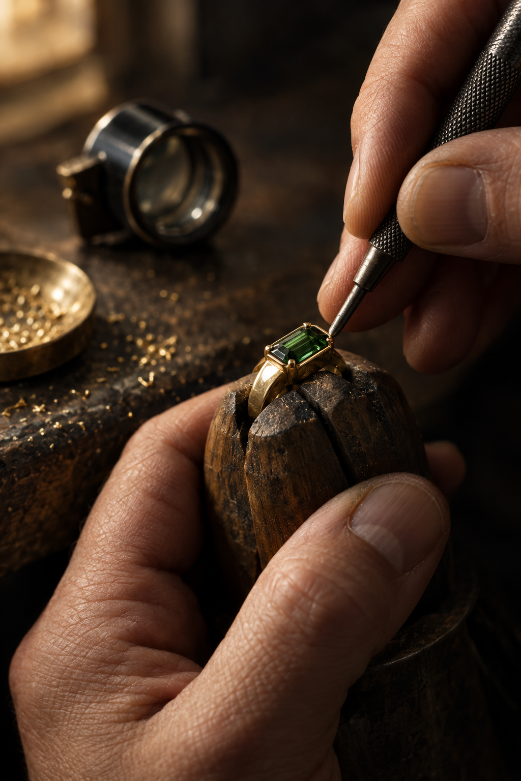 Goldsmith setting a green tourmaline into a yellow gold ring by hand