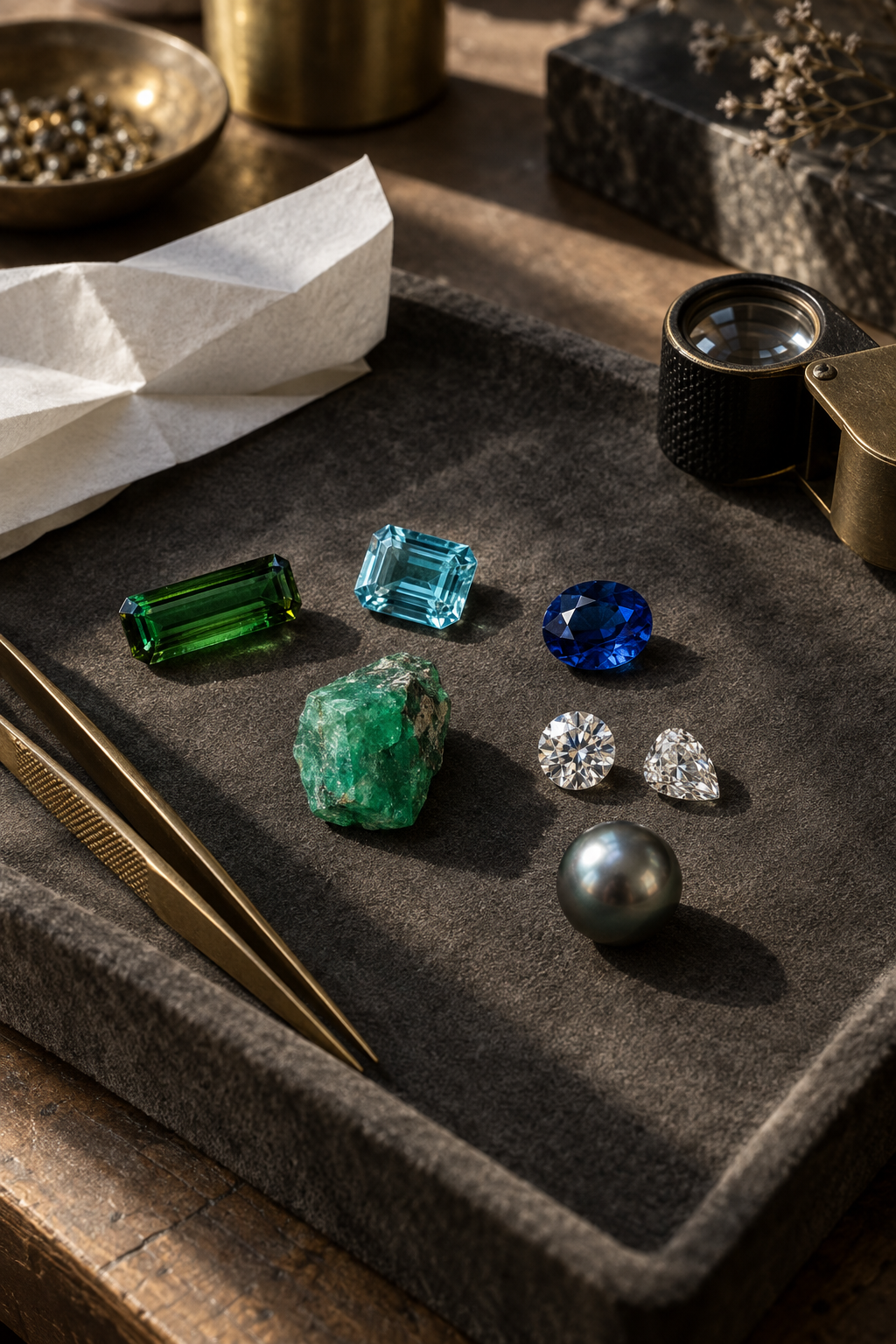 Loose coloured gemstones and a pearl on a suede stone tray with brass tweezers