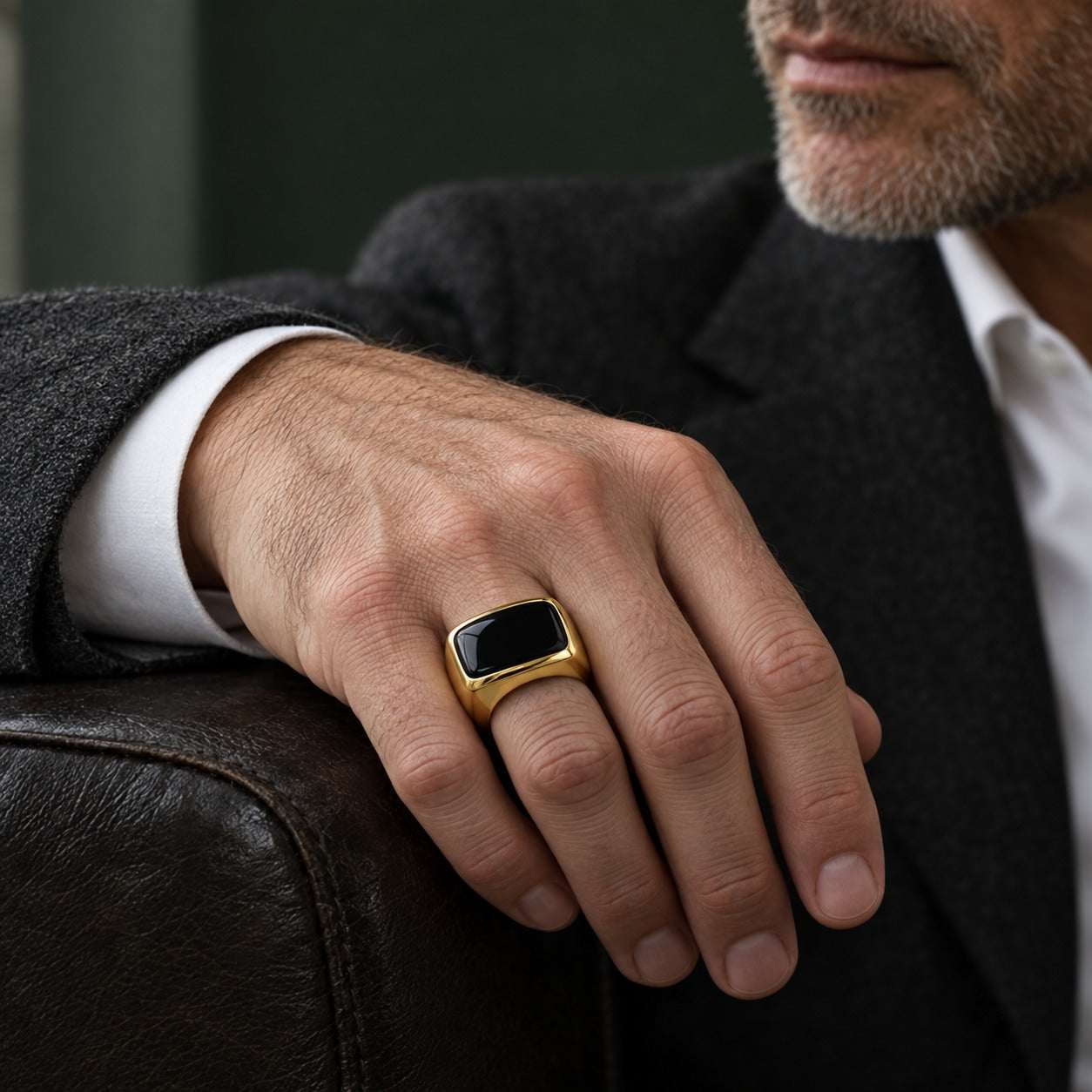Model wearing the Lesunja Hawkeye Yellow Gold Signet Ring by Lesunja Fine Jewellery – AI-generated visualisation