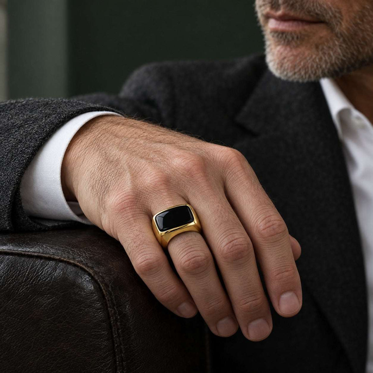 Model wearing the Lesunja Hawkeye Yellow Gold Signet Ring by Lesunja Fine Jewellery – AI-generated visualisation