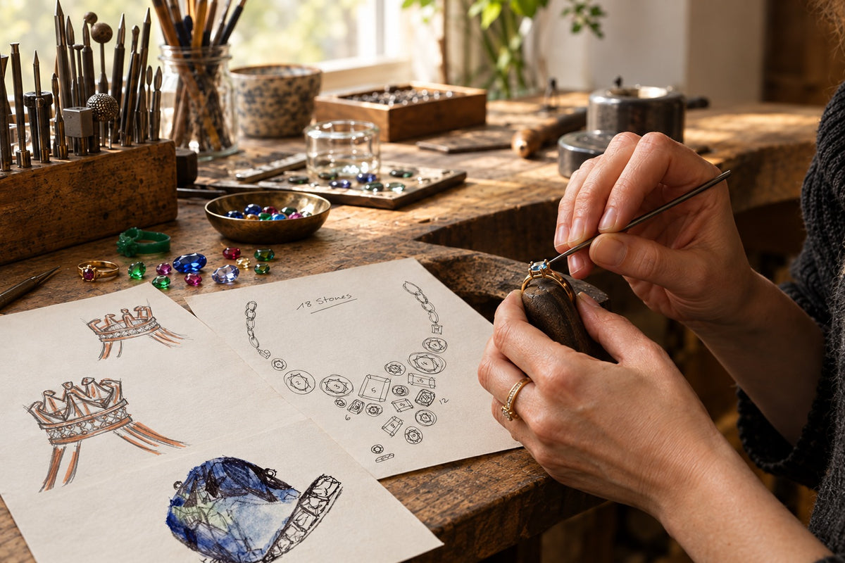 Hand-drawn Lesunja design sketches on the workbench in the Zurich atelier