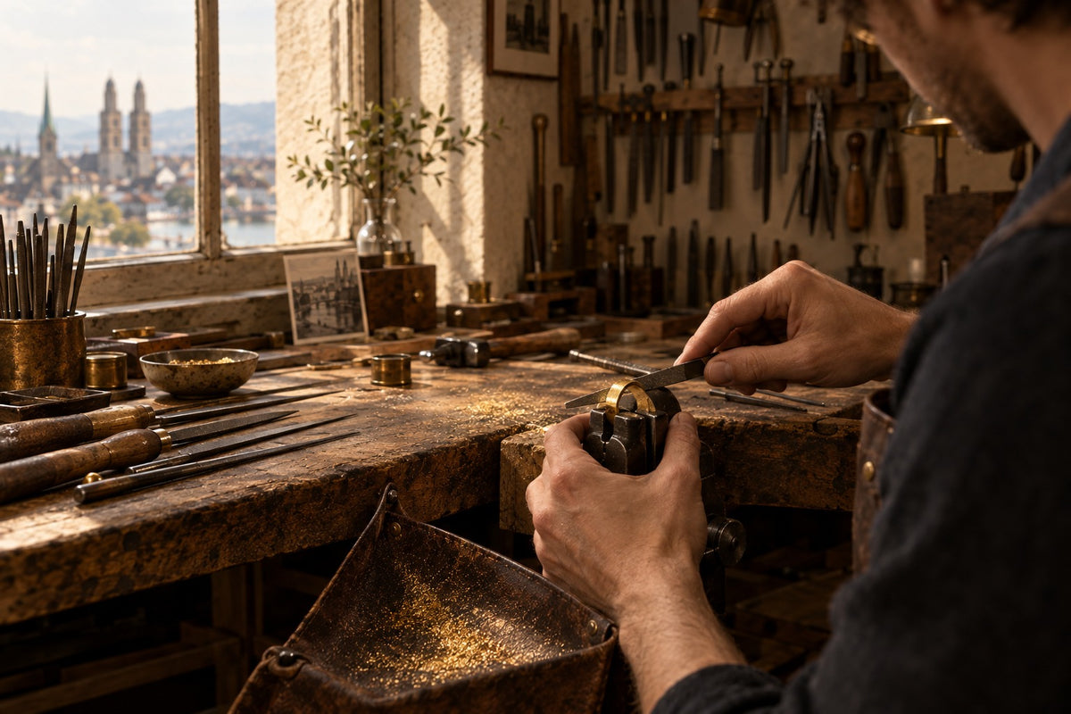 Goldsmith filing a gold ring at the workbench in the Lesunja atelier with a view over Zurich
