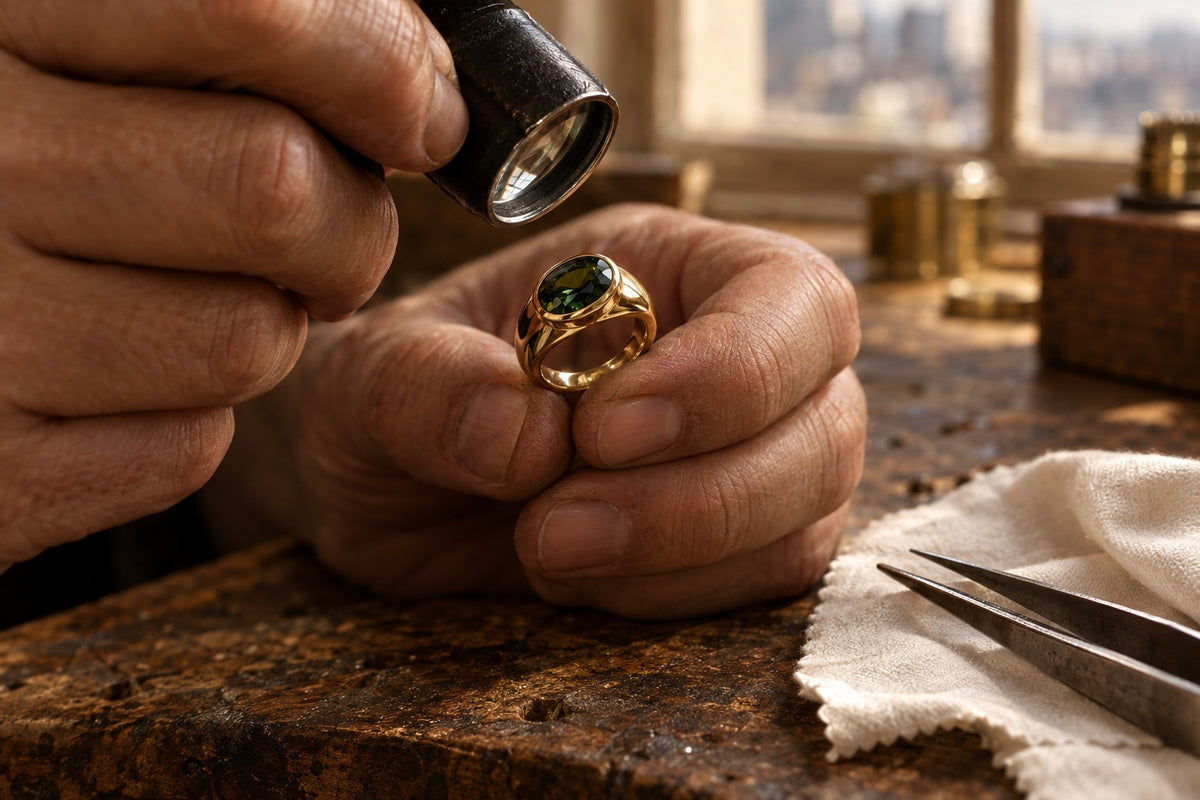Final inspection of a gold ring with a green tourmaline under the loupe, Lesunja atelier Zurich