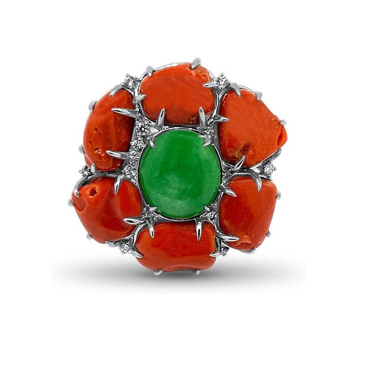 jade and coral platinum ring