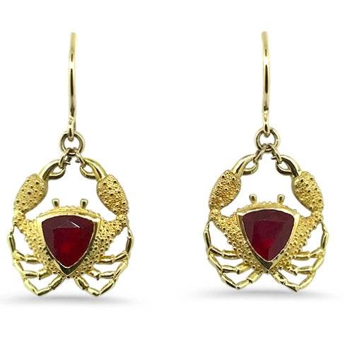 Lesunja Ocean XXY Cancer Ear Hangers Yellow Gold Fire Opal, handmade fine jewellery from Switzerland