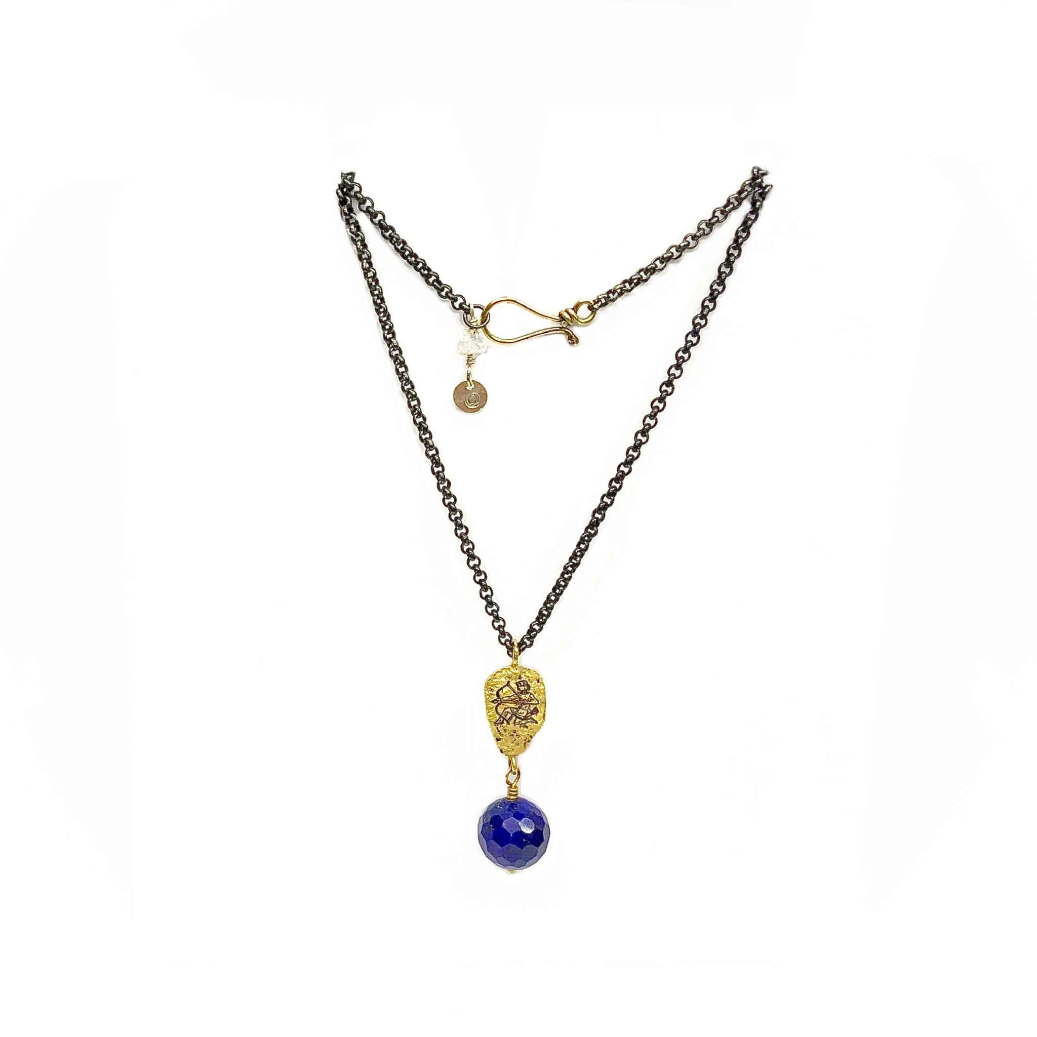 Lesunja Zodiac Sagittarius Silver Necklace Yellow Gold Nugget Lapis Lazuli Moonstone, handmade fine jewellery from Switzerland
