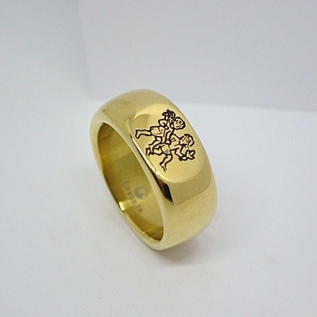 Lesunja Zodiac Steel Gemini Yellow Gold Plated Ring, detail view, Lesunja atelier Zurich