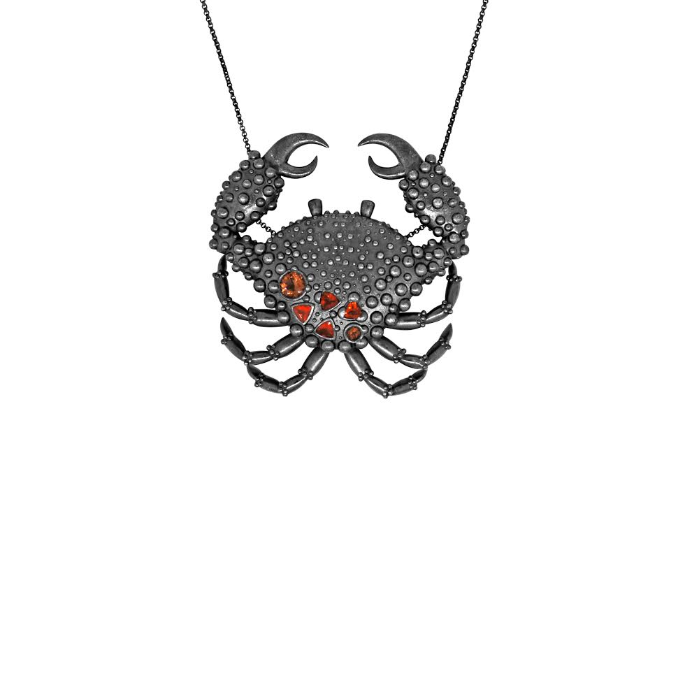 Lesunja Ocean Big Crab Opal Blackened Silver Necklace, handmade fine jewellery from Switzerland