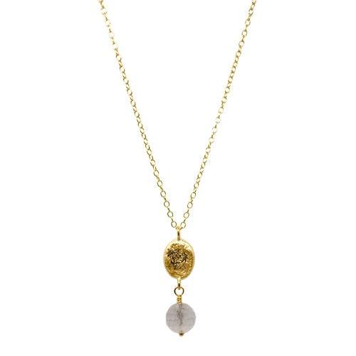 Lesunja Zodiac Virgo Silver Necklace Yellow Gold Nugget Rose Quartz Moonstone, detail view, Lesunja atelier Zurich