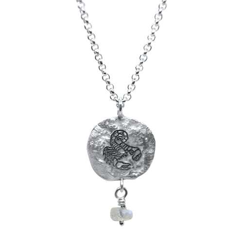 Lesunja Zodiac Scorpio Silver Necklace Rainbow Moonstone, handmade fine jewellery from Switzerland