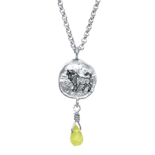 Lesunja Zodiac Taurus Silver Necklace Green Garnet, handmade fine jewellery from Switzerland